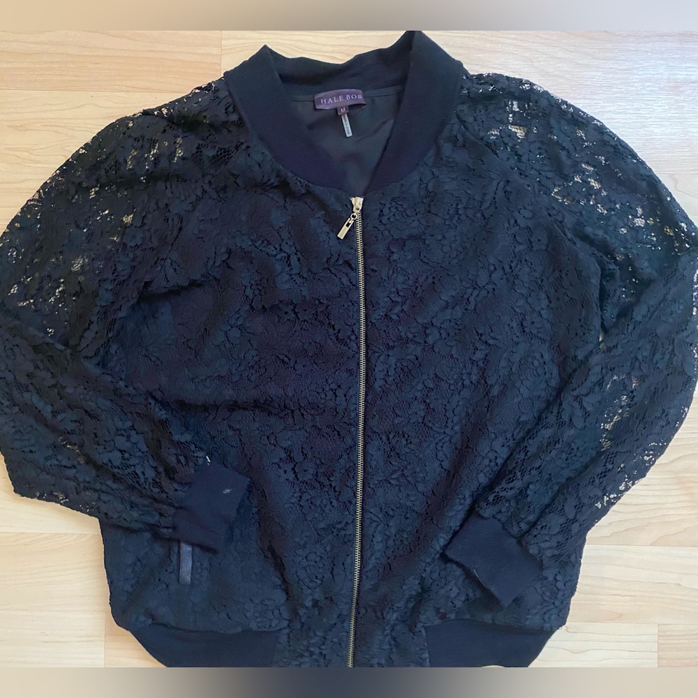Hale Bob Black Lace, long sleeve zip up bomber jacket Size M